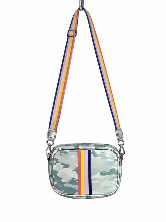 Handbags - Green Camo Crossbody Bag with Rainbow Strap and silver strap